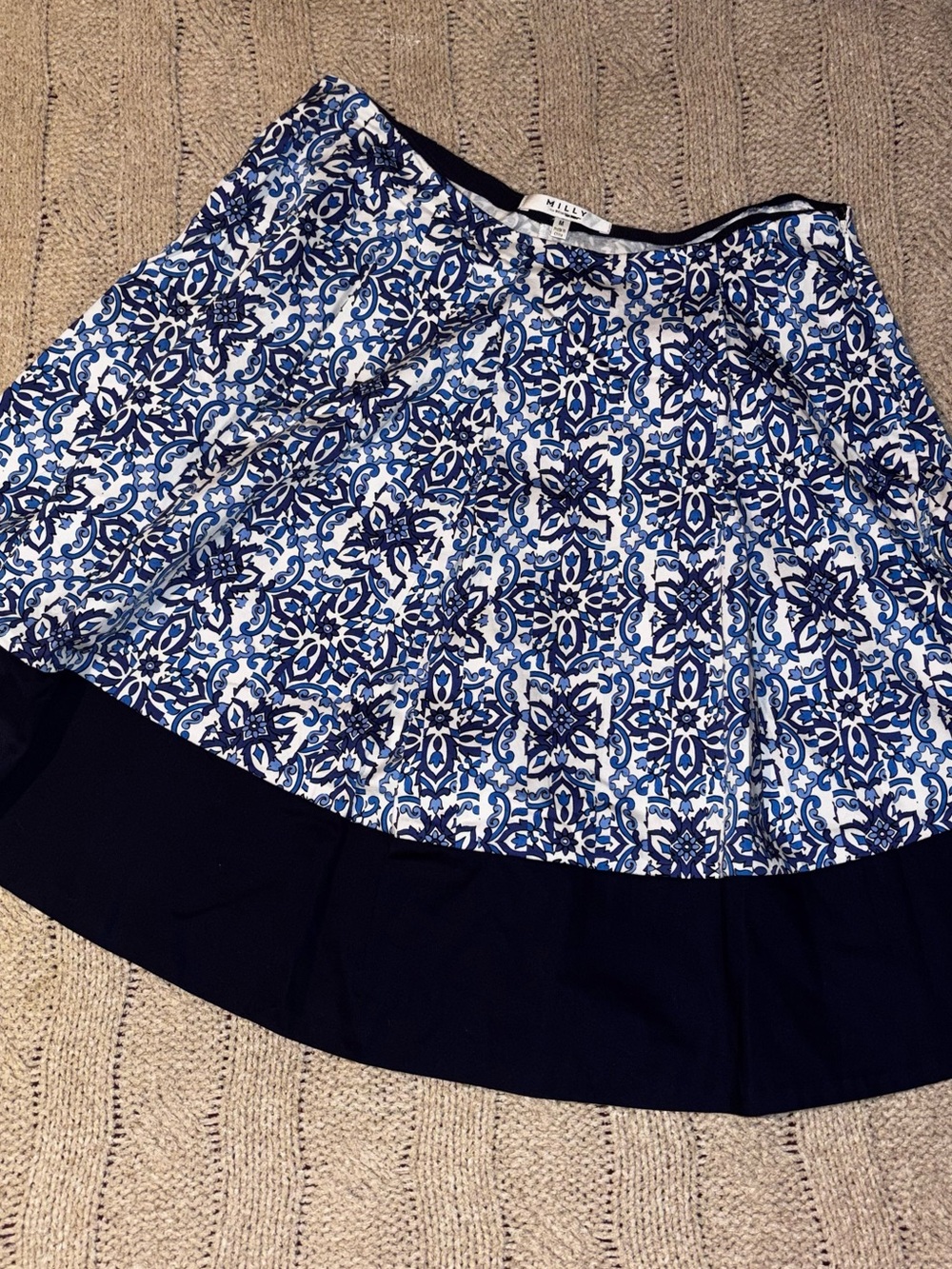 Milly for Design Nation Blue White Tile Print A-Line Skirt Navy Hem Medium